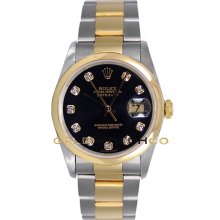 Datejust 16203 Steel Gold Oyster Smooth Bezel Black Diamond Dial