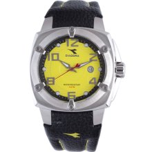 Diadora Men's Yellow Dial Black Leather Date Watch