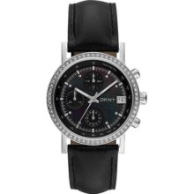 Dkny Black Pearl Dial Chronograph Ladies Black Leather Watch Ny8365