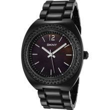 DKNY New Ladies Round Analog MOP Black Plastic Bracelet Crystals Watch