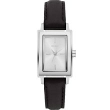 DKNY Rectangular Leather Strap Watch Black/ Silver