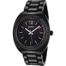 DKNY Women's Black Crystal Black Mother Of Pearl Dial Black Plastic