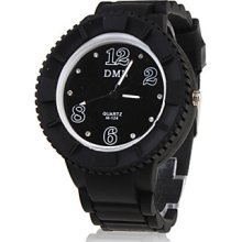 Elegant Silicone Band Crystal Round Wrist Watch - Black