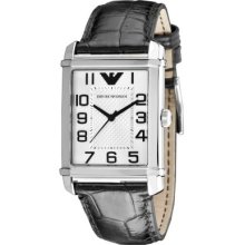 Emporio Armani Men's Classic Rectangular Silver-tone Dial & Black Leather Strap Watch