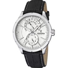Festina Mens Retro Stainless Watch - Black Leather Strap - White Dial - F16573-1