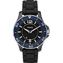 Fossil Ladies Black Ceramic Case Blue Bezel Black Dial Black Silicone Strap CE1036