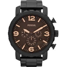 Fossil Mens Nate Chronograph Stainless Watch - Black Bracelet - Brown Dial - JR1356
