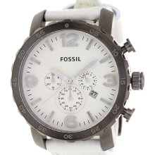 Fossil Men's Nate Chronograph Stainless Steel Case White Tone Dial Leather Strap Date Display JR1423