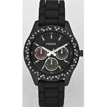 Fossil Stella Silicone Es2896 Ladies Black Rubber Diamonds Watch