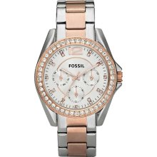 Fossil Womens Riley Glitz Chronograph Stainless Watch - Silver Bracelet - Silver Dial - ES2787