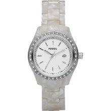 Fossil Womens Stella Mini Glitz Pearlized Plastic Watch - White Bracelet - White Dial - ES2670