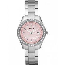 Fossil Womens Stella Mini Crystal Stainless Watch - Silver Bracelet - Pink Dial - ES2999