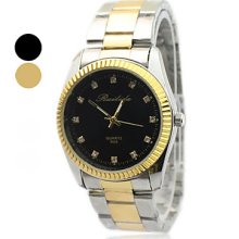 Golden Steel Band Analog Wrist Quartz Watch For Men with crystal Decorated Dial