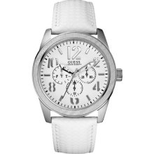 Guess Men Ss Tungsten Carbon White Leather Strap Watch Ss U10645g2 Day Date