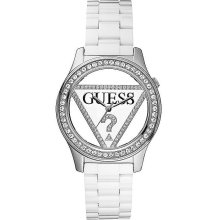 GUESS WOMENS SWAROVSKI 25th Anniversary WATCH See Thru Dial white Strap95161L2