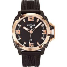Hector H France Men's Black Dial Leather Strap gold-tone Bezel Watch