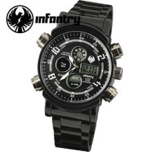 Infantry Mens Lcd Chronograph Sport Quartz Army Watch Black Stainless Steel Gift