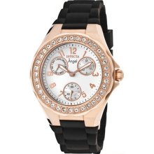 Invicta Women`s Angel 18k Rose Gold Tone Ss Case Black Silicone Watch 1645