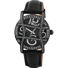 JBW Women's 'Olympia' Diamond Grid Bezel Leather Band Watch (Black Ion-Plated Stainless Steel)