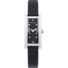 Karen Millen Ladies' Slim Rectangle Dial, Crystal-Set, Black, Leather Strap KM120B Watch