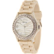 Ladies Beige Silicone Watch w/ Zebra Print & Crystals on Silver Bezel - Silver - Silver - One Size