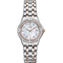 Ladies Eco-Drive Signature Quattro Diamond Stainless Steel and Rose Gold Bracelet MOP Dial Watch