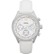 Ladies New FOSSIL Chronograph Steel Round Watch White Leather Band Analog MOP - White - Leather