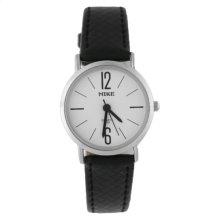 Ladies Round Dial Stainless Steel Leather Band Wrist Watch (White Dial) - Black - Metal