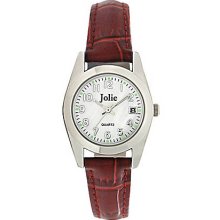 Ladies' Silvertone & Red Leather Watch