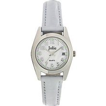 Ladies' Silvertone & White Leather Watch