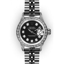 Ladies Stainless Steel Black Dial Beadset & Diamond Lug Rolex Datejust
