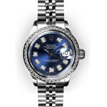 Ladies Stainless Steel Blue Dial Channel Set Bezel Rolex Datejust