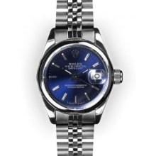 Ladies Stainless Steel Blue Stick Dial Smooth Bezel Rolex Datejust