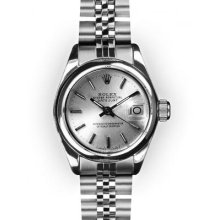 Ladies Stainless Steel Silver Stick Dial Smooth Bezel Rolex Datejust