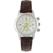 Ladies Three Round Dial Stainless Steel Leather Band Wrist Watch (White Dial) - Stainless Steel