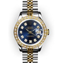 Ladies Two Tone Blue Dial Yellow Gold Beadset Bezel Rolex Datejust