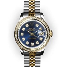 Ladies Two Tone Blue Dial Yellow Gold Channel Set Bezel Rolex Datejust