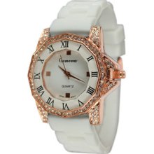 Ladies White & Rose Gold Silicon Watch w/ Octagonal Face & Roman Numerals
