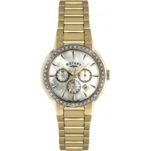 LB02848-40 Rotary Ladies Stone Set Chronograph White Mop Dial Gold Ton...