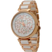 Limited Edition Ladies Rose Gold & White Flower Metal Watch w/ Crystals - White - Gold - 3