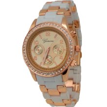 Limited Edition White & Rose Gold Watch w/ Chronograph Look & Crystals on Bezel