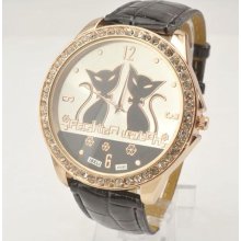 Luxury Fashion Retro Black Cat Pattern Belt Watch Quartz Watch