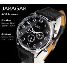 Men Black Automatic Watch 6 Hands Week/Date/24H Mechanical Wristwatches Xmas Gift