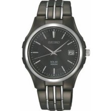 Men`s Seiko Solar Watch W/ Black Dial & Black Ion Stainless Steel Bracelet