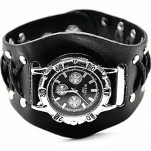 Men Watch, Black Real Leather Wrist Watch.Punk style watch. Unisex wrist watch.Bracelet wrist watch YB0002