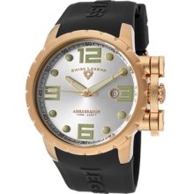 Men's Ambassador Silver Dial Rose Gold Tone IP Case Black Silicon ...