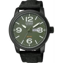 Men's Black Anodized Military Eco Drive Green Dial Canvas Strap
