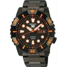 Men's Black Orange Stainless Steel Seiko 5 Sports