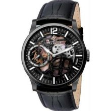 Men's Black Stainless Steel Case Gray Tone Skeleton Dial Leather