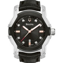 Men's Bulova Marine Star Watch with Black Leather Strap and Diamond